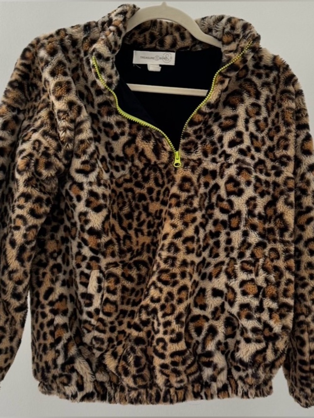 Treasure & Bond Girls XL 14/16 Leopard Faux Fur Jacket Women XS S Neon Zip